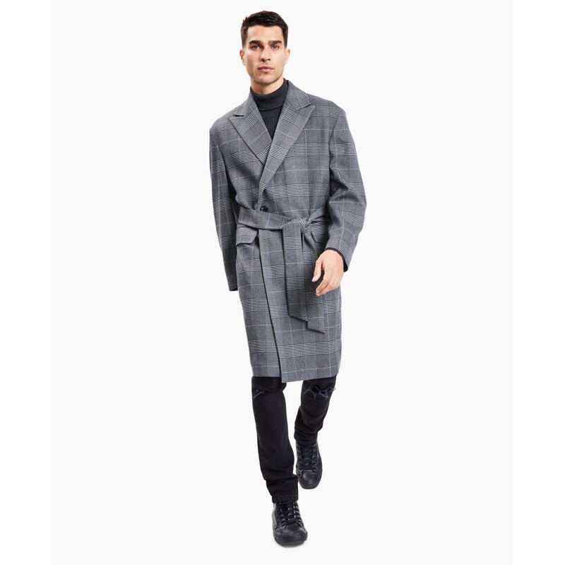 Inc International Concepts Men's Glen Plaid Belted Long Coat XL Dark grey