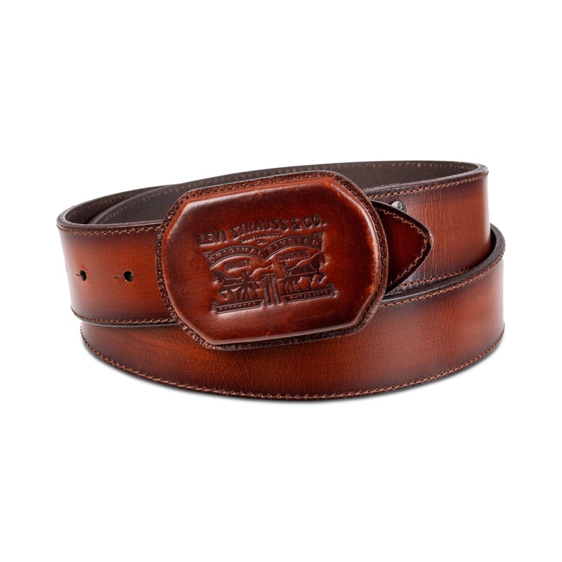 Levi's Men's Western Leather Logo Plaque Belt Brown Medium