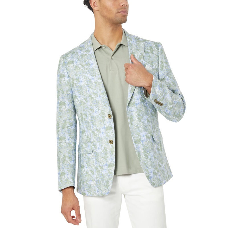 Tallia Mens Slim Fit Patterned Linen Sport coat Blue Green 42R
