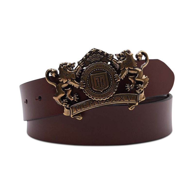 Tommy Hilfiger Men's Lion Crest Plaque Buckle Belt Brown Large 38 40