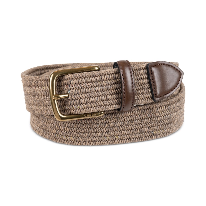 Tommy Hilfiger Men's Th Flex Stretch Braided Belt Faux Leather Trim Brown Medium