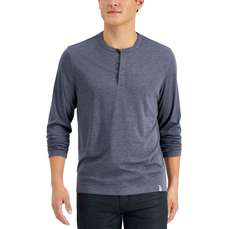 Alfani Alfatech Men's Heathered Long Sleeve Henley Shirt Large Dark Grey