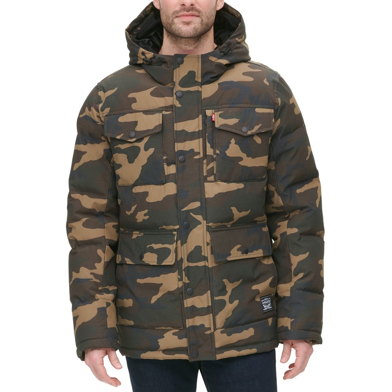 Levis Men's Quilted Four Pocket Parka Hoody Jacket Green Large