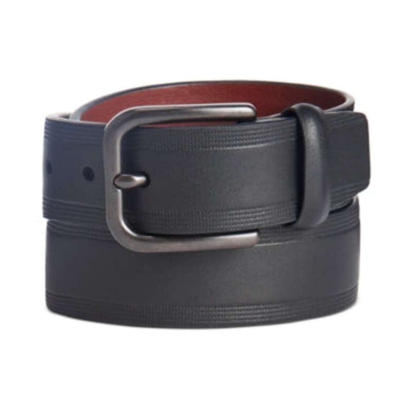 Perry Ellis Men's Faux Leather Embossed Casual Reversible Belt Black Brown 42