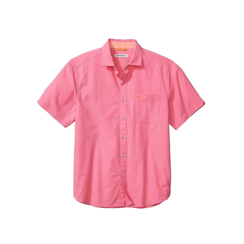 Tommy Bahama Men Nova Wave Stretch SS Seersucker Button up Shirt Pink Size Large