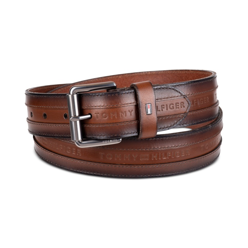 Tommy Hilfiger Men's Tonal Stripe Embossed Leather Belt Brown Small