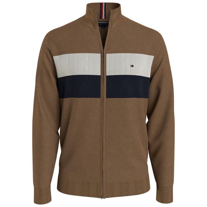 Tommy Hilfiger Mens Colorblocked Stripe Full Zip Sweater XS Desert Khaki Brown