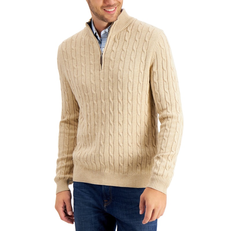 Club Room Men's Cable Knit Quarter Zip Sweater Toast Heather Beige Medium