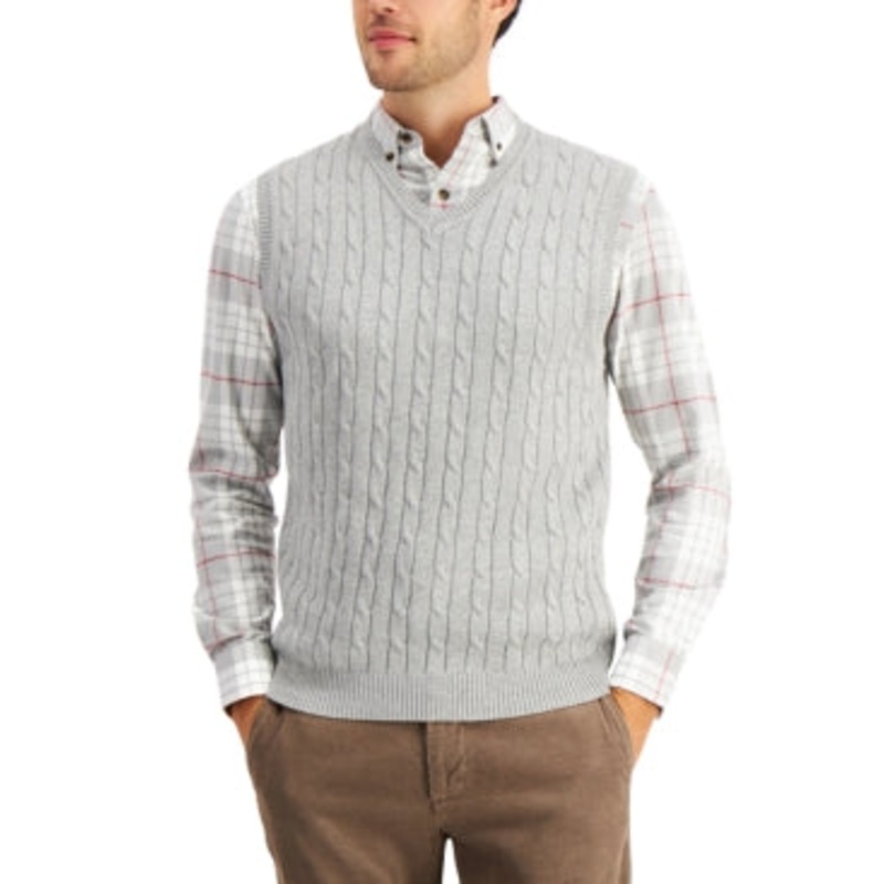Club Room Men's Cable-Knit Sweater Vest Soft Grey Heather Medium