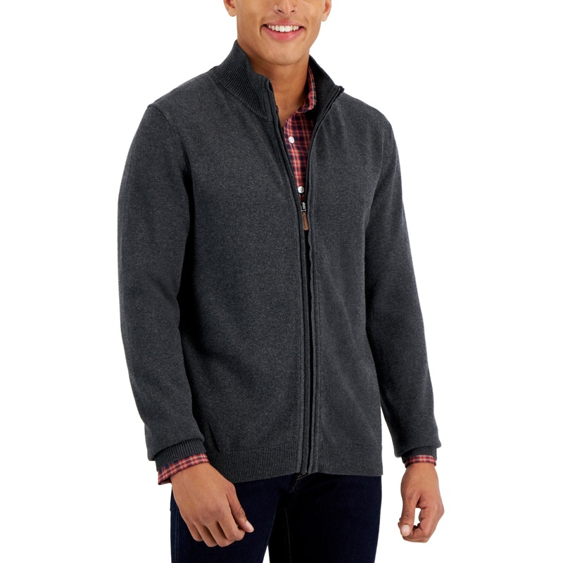 Club Room Men's Charcoal Heather Full-Zip Sweater Grey Large