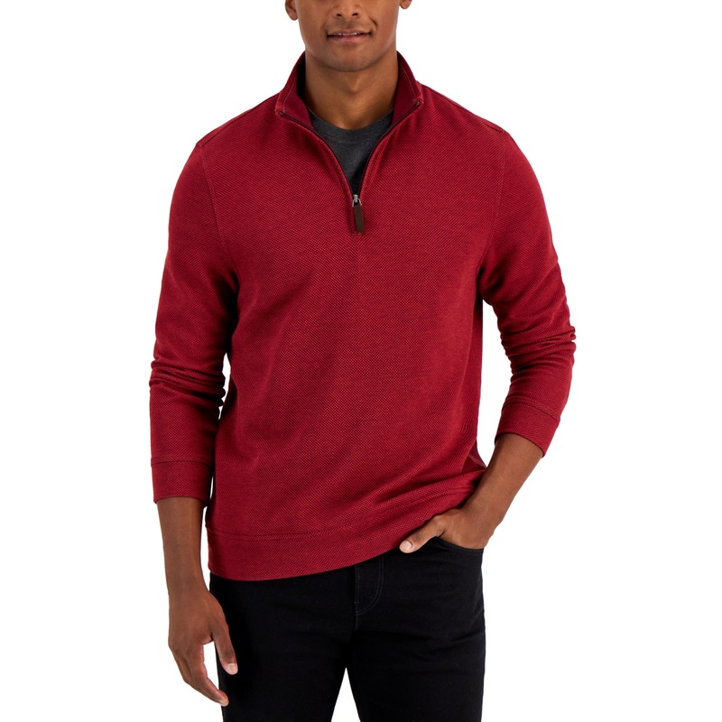 Club Room Mens Birdseye Quarter-Zip Pull Over Sweater Small Red