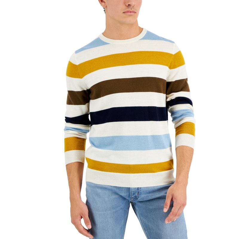 Club Room Mens Merino Stripe Sweater Beige Multi  Small