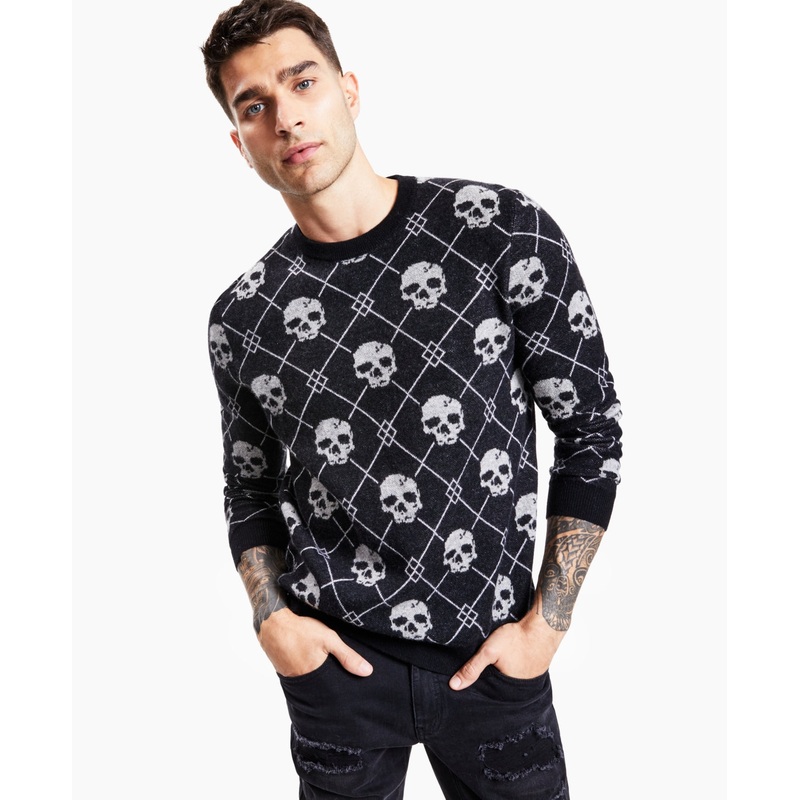 I.N.C. International Concepts Men's Skully Crewneck Sweater Deep Black 2XL