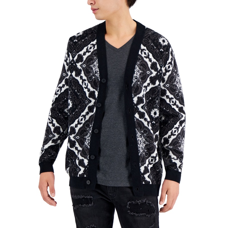 I.N.C. International Concepts Mens Dio Tapestry Cardigan Deep Black XL