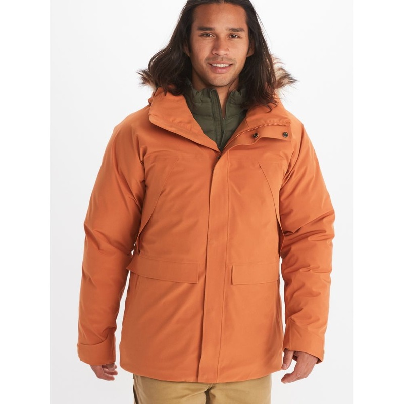 MARMOT Men's Yukon II Down Parka Coat Copper Orange Faux Fur Trim Large