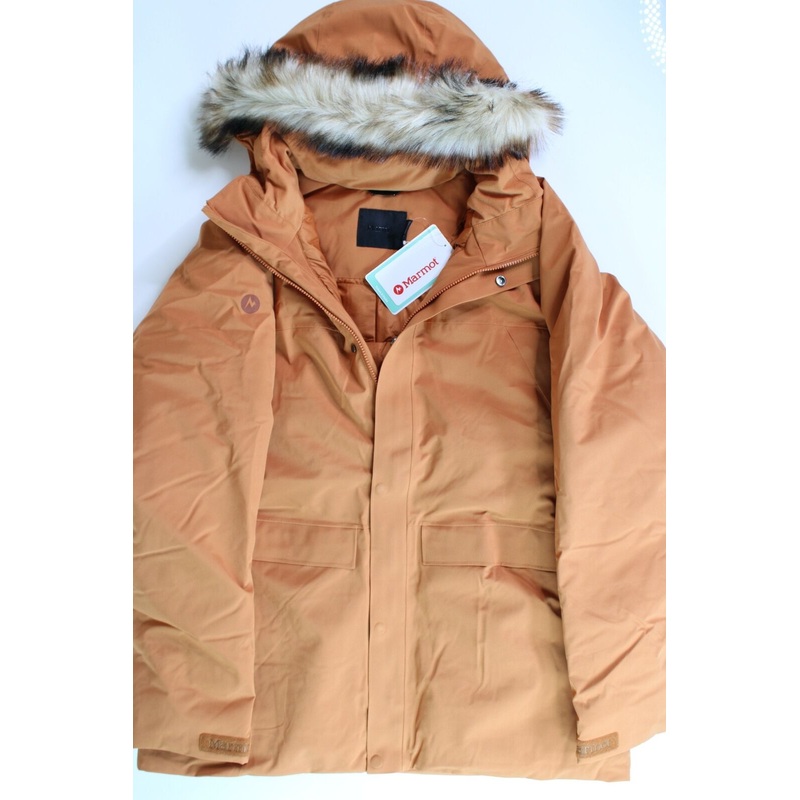 MARMOT Men's Yukon II Down Parka Coat Medium Copper Orange Faux Fur Trim