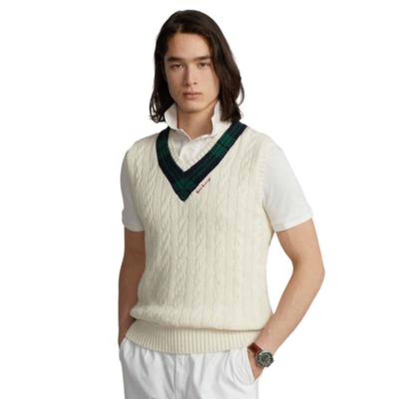 Polo Ralph Lauren Men's Cable Knit V Neck Sweater Vest Cricket Cream XL