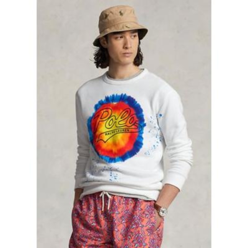 Polo Ralph Lauren Mens Logo Tie-Dye Print Crewneck Sweatshirt White Large
