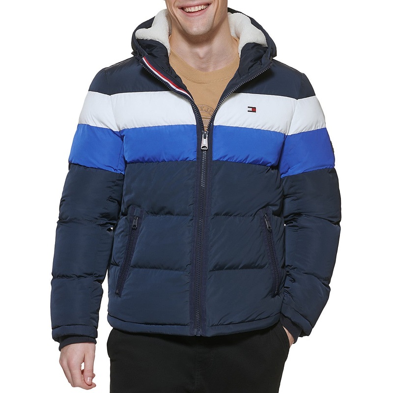 Tommy Hilfiger Mens Faux Fur Lined Hooded Quilted Puffer Jacket Blue XL