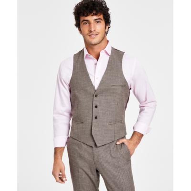 Bar III Men's Slim-Fit Check Suit Vest Burgundy Black Brown XL