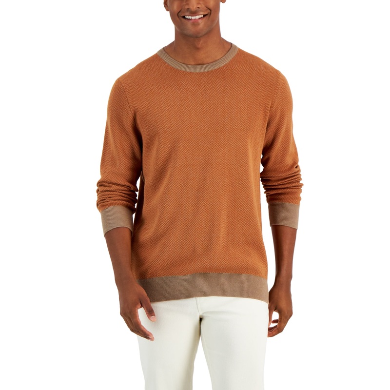 Club Room Mens Herringbone Crewneck Sweater Cracked Walnut Large