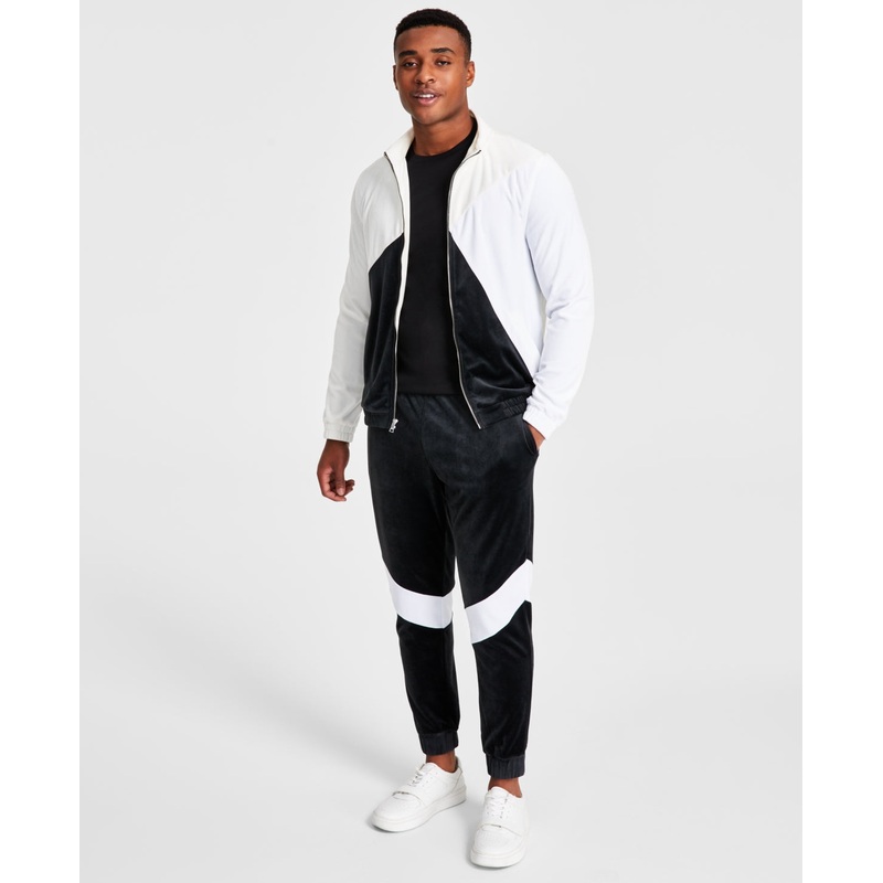 International Concepts Mens Regular Fit Color Blocked Velour Jacket White Medium