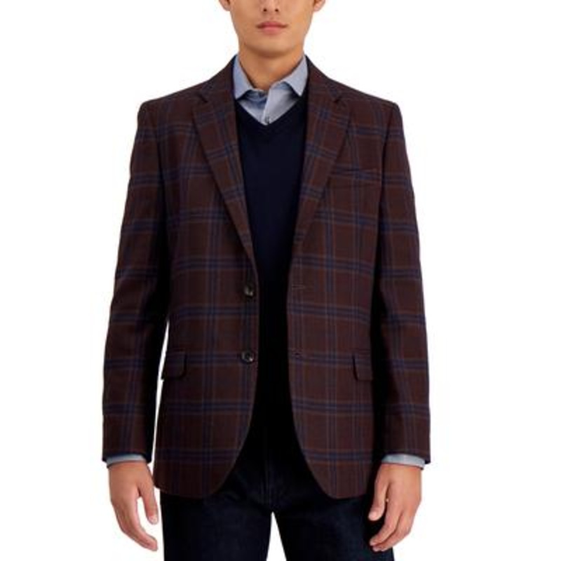 Nautica Mens Modern Fit Plaid Tweed Sport Coat Burgundy 40S