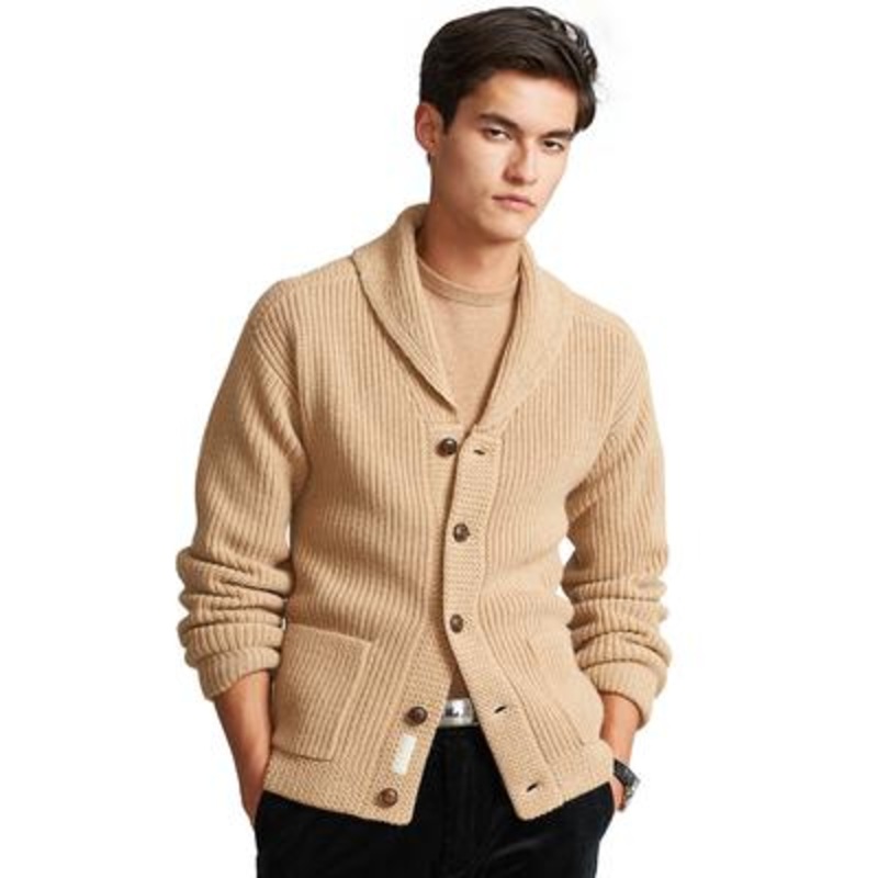 Polo Ralph Lauren Mens Wool-Cashmere Shawl Cardigan Camel Brown Medium