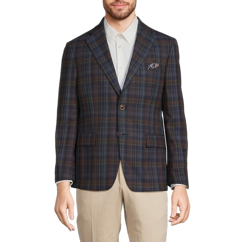 Tallia Mens Plaid Wool Slim Fit Sport Coat Navy Blue Brown 44R