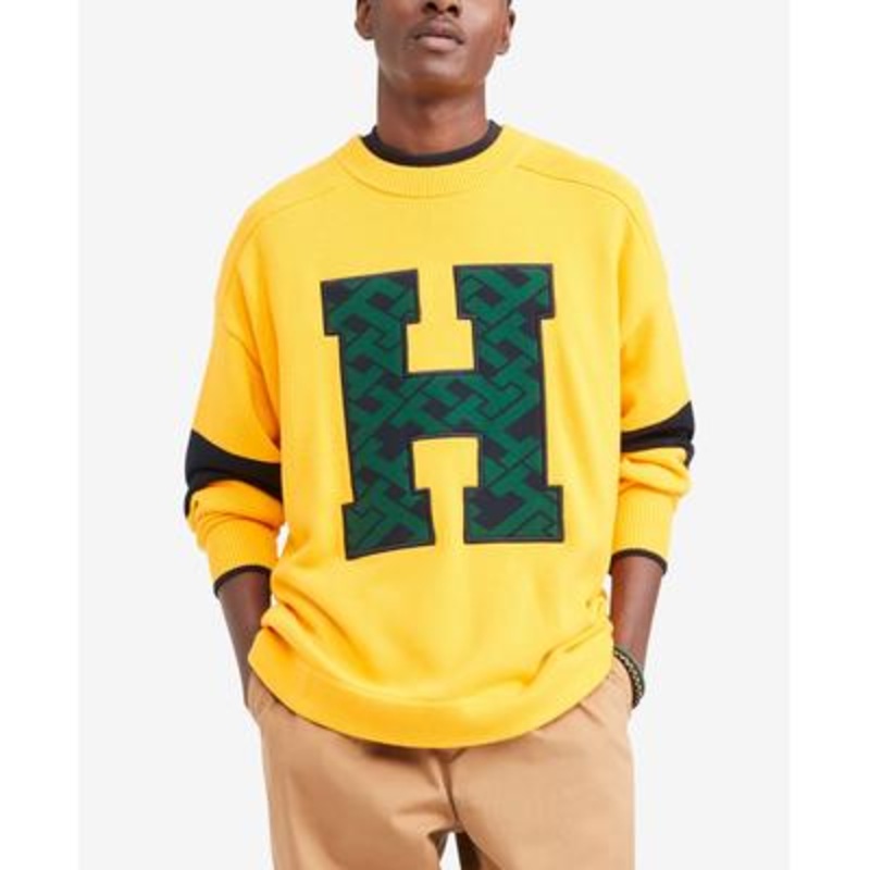 Tommy Hilfiger Men's Varsity-Style Monogram Crewneck Sweater Sun Yellow Large