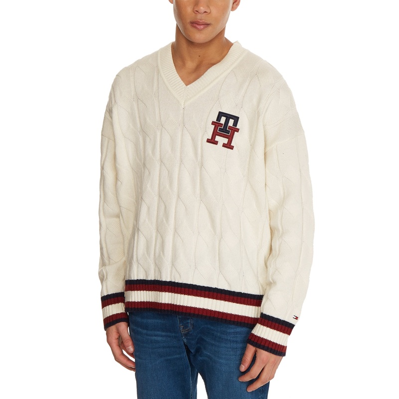 Tommy Hilfiger Mens V Neck Cable knit Sweater Monogram Ivory Medium