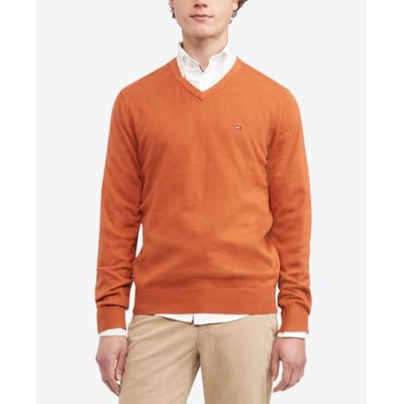 Tommy Hilfiger Signature Solid V Neck Sweater Fall Core Orange Large