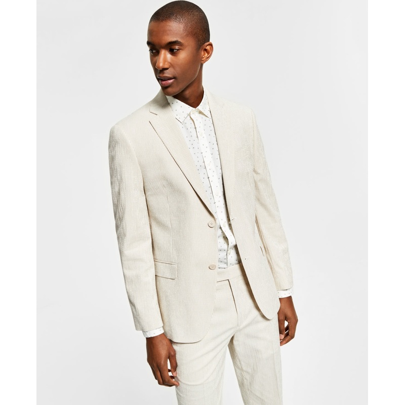Alfani Men's Slim Fit Seersucker Suit Jacket Striped Tan Cream 36R
