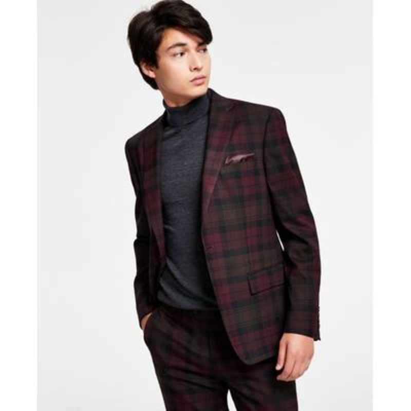 Bar III Men's Slim Fit Burgundy Plaid Blazer 40R