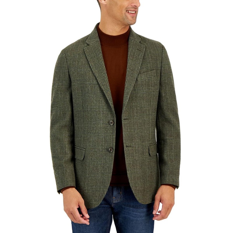 Nautica Men's Modern-Fit Two Button Blazer Plaid Herring Olive 40S Sport Coat
