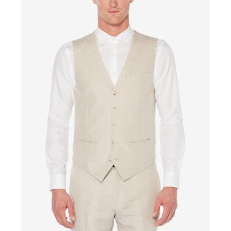 Perry Ellis Mens Linen Vest Natural Linen Tan Small