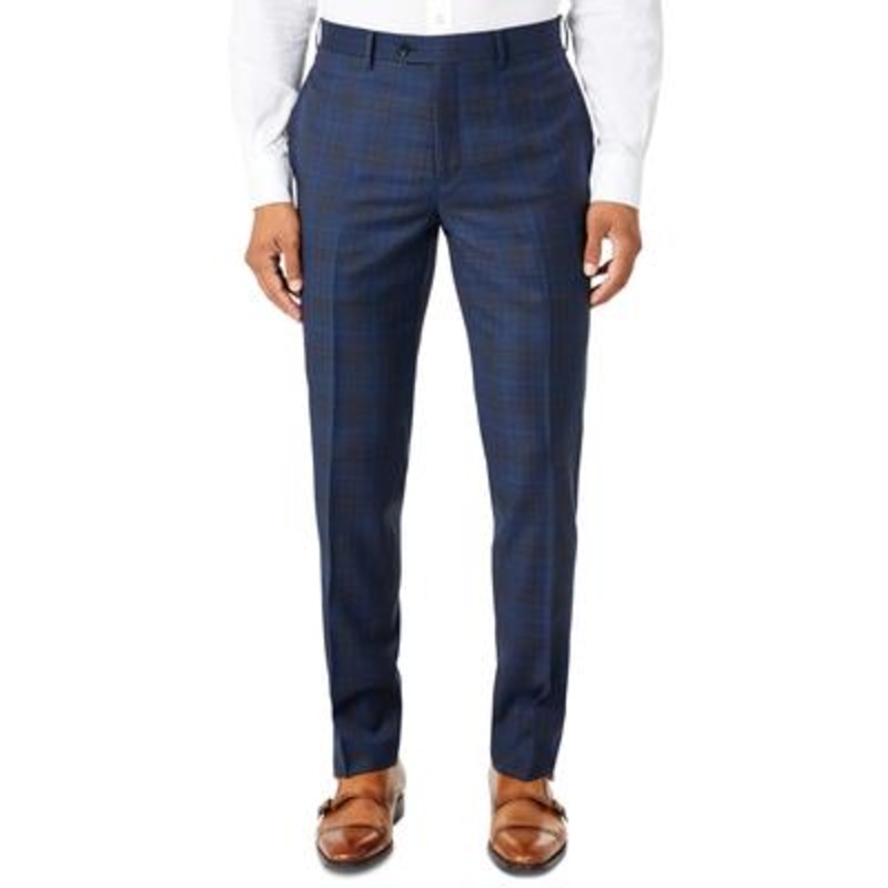 Tallia Mens Slim Fit Plaid Suit Dress Pants Navy Blue Brown 30 x 32