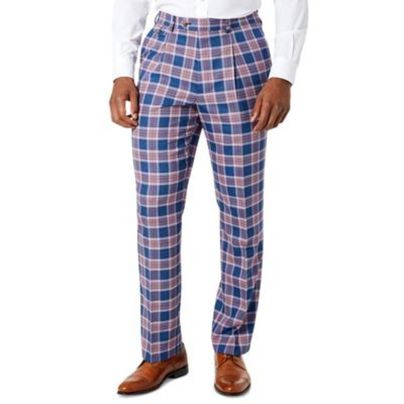 Tayion Mens Classic Fit Wool Blend Dress Pants Purple Plaid 42 x 30