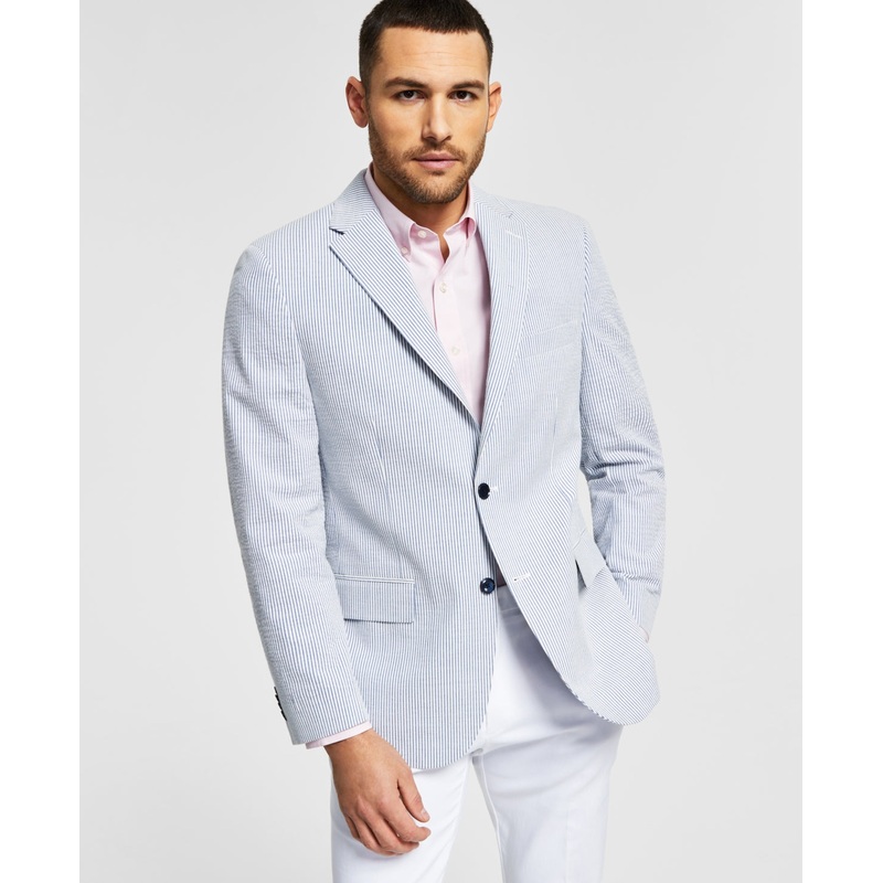 Tommy Hilfiger Men's Modern-Fit Stretch Seersucker Blazer Blue White 38