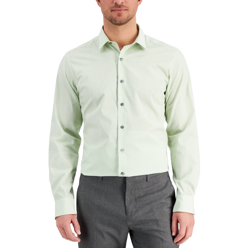 Alfani Mens Slim-Fit Houndstooth Dress Button Down Shirt Sage Large 16 16 1/2