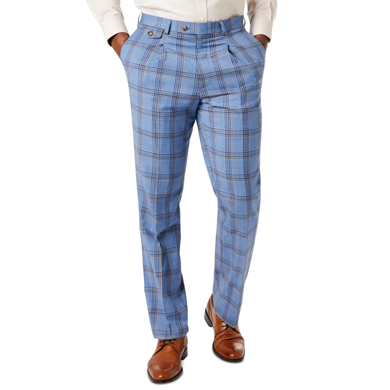 Tayion Mens Classic Fit Wool Blend Dress Pants Blue Plaid 38 x 32