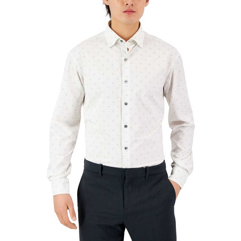 Alfani Men's Geo Print Button Down Dress Shirt White Grey 18-  18.5 / 36 - 37