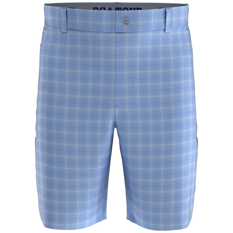 PGA TOUR Men's Moisture-Wicking Stretch Flat Front Golf Shorts Blue Plaid 42