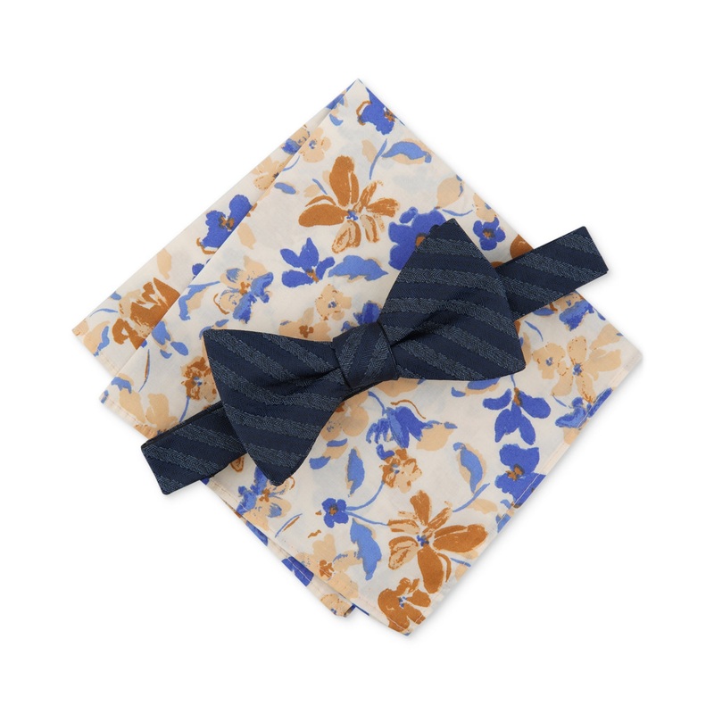 Bar Iii Men's Cruiser Stripe Bow Tie & Floral Pocket Square Set Blue
