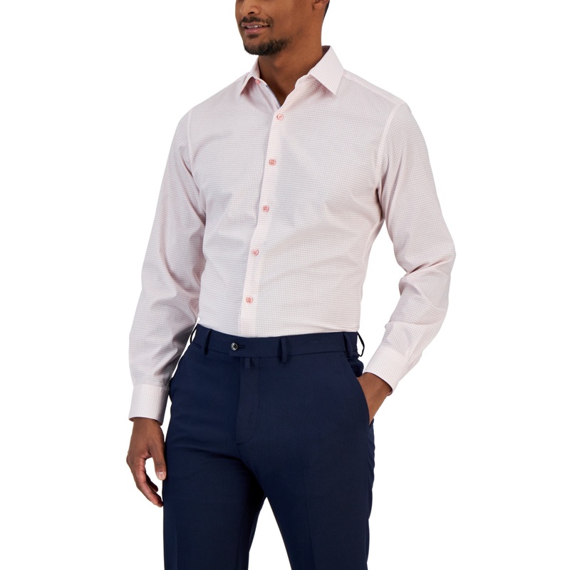 Bar III Men's Grid-Print Button Down Dress Shirt Pink Medium