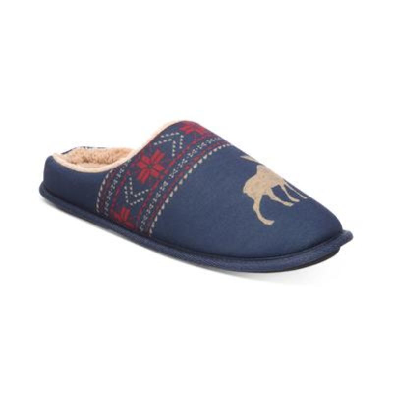 Club Room Mens Moose Print Fleece Lined Slip on Slippers Navy Blue Small 6 7