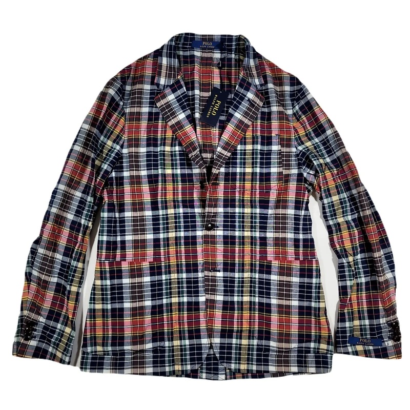 Ralph Lauren Unconstructed Madras Polo Sport Coat Blazer Small Plaid Navy Brown