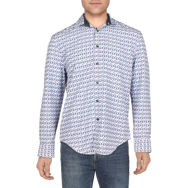 Society of Threads Mens Dot Geo Long Sleeve Button Down Shirt Blue Small