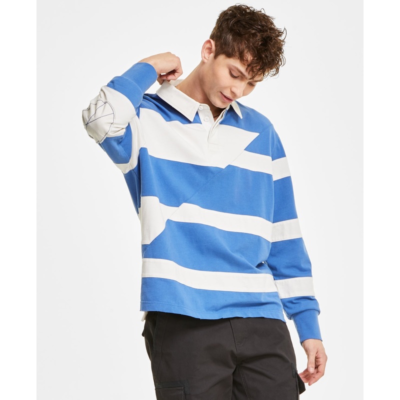 Sun + Stone Mens Robert Striped Rugby Long Sleeve Polo Shirt Blue Small