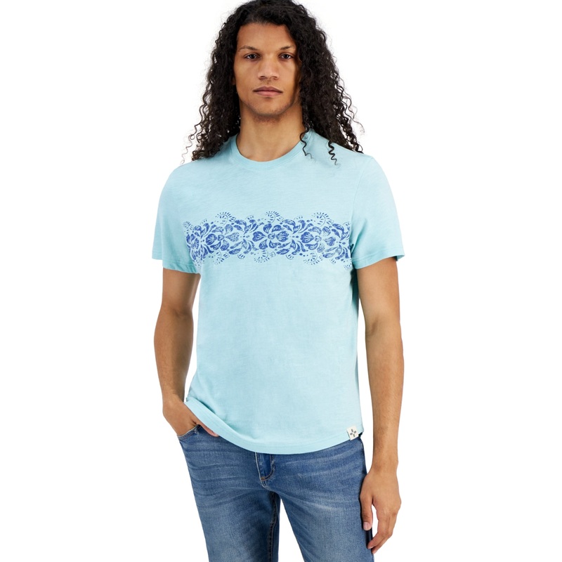 Sun Stone Mens Striped Tropical Short Sleeve Crewneck T Shirt Blue Medium